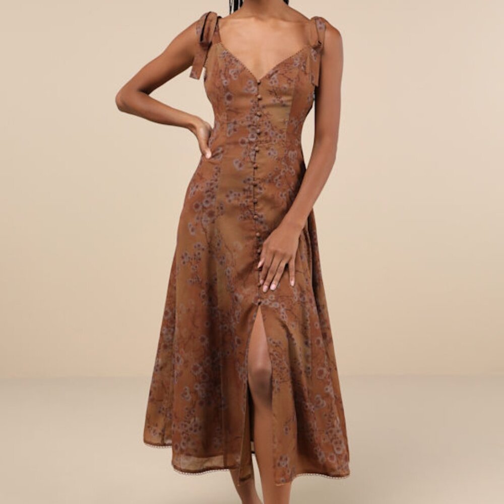 Lulus Charismatic Persona Brown Floral Tie-strap Midi Dress - Size XS